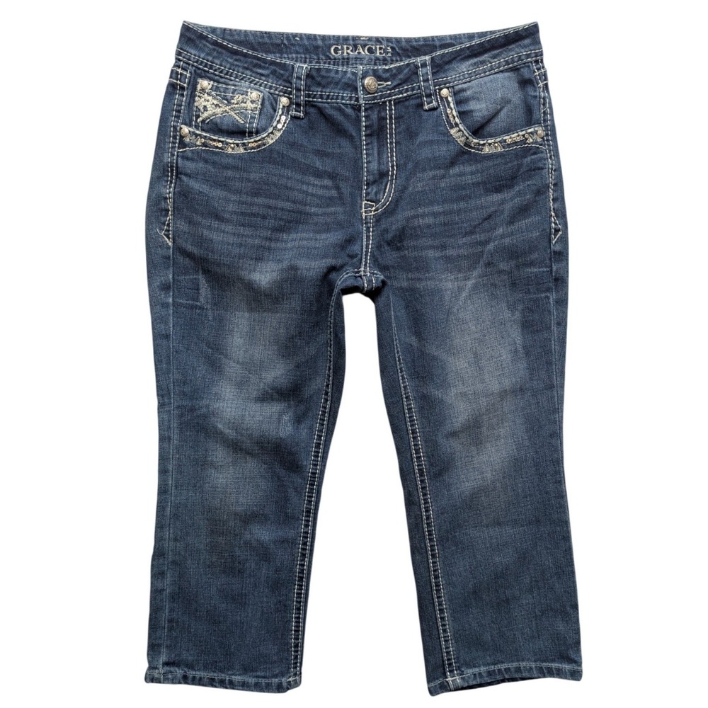 Grace in LA Cropped Jeans Womens 32 Blue Embellished Studded Sequin Capri‎ Denim